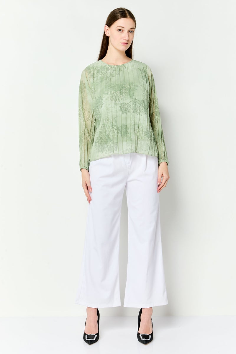 bebe Women Round Neck Floral Print  Long Sleeve Blouse, Green - Image 2